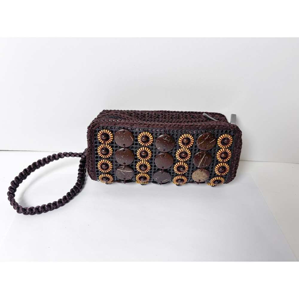 Boho Crochet Double Zip Wristlet Pouch Brown Wood Bead Detail Cosmetic Bag
